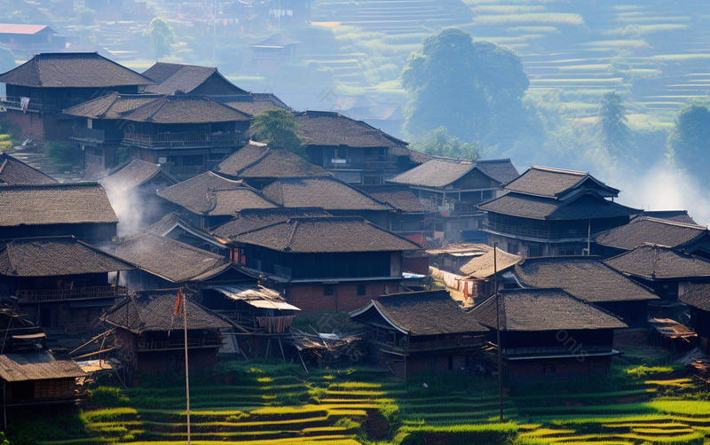 西江苗寨自然美意境户外夏天温馨云烟森林民居风景摄影,高清,摄影图,摄影图片,图片大全,摄影图免费下载